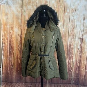 Rampage Women’s Military Olive Puffer Jacket with Faux Fur Hood Size Large